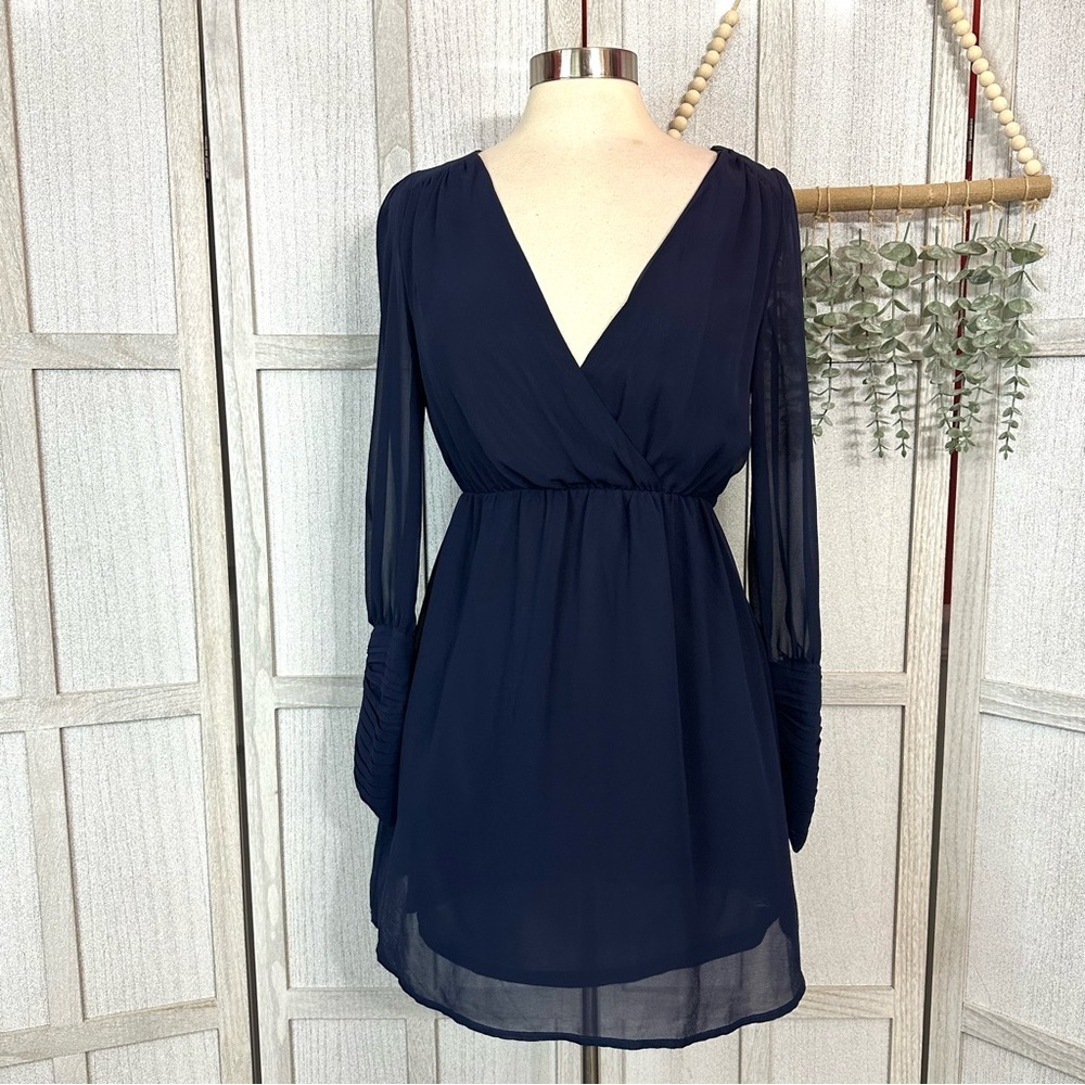 3/$22🩶 Akira Chicago Red Label Navy Blue Button Pleat Detail Long Sleeve Dress M